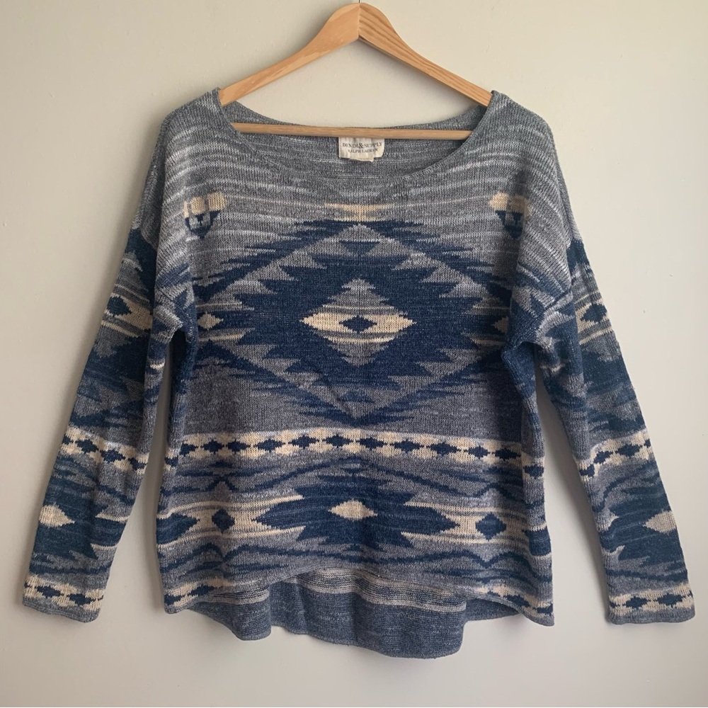 Denim & Supply Ralph Lauren Aztec Western Boat Neck Drop Shoulder Sweater Sz XL